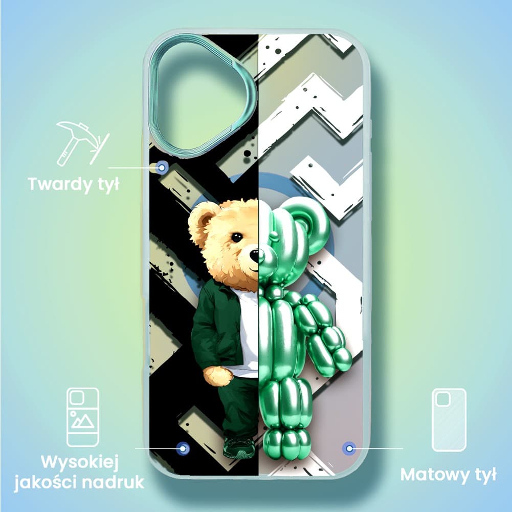 Etui do iPhone 16 MagSafe Bear With Me, DuoBear Party, miś z balonów, głęboki mieniący się kolor, jasny niebieski