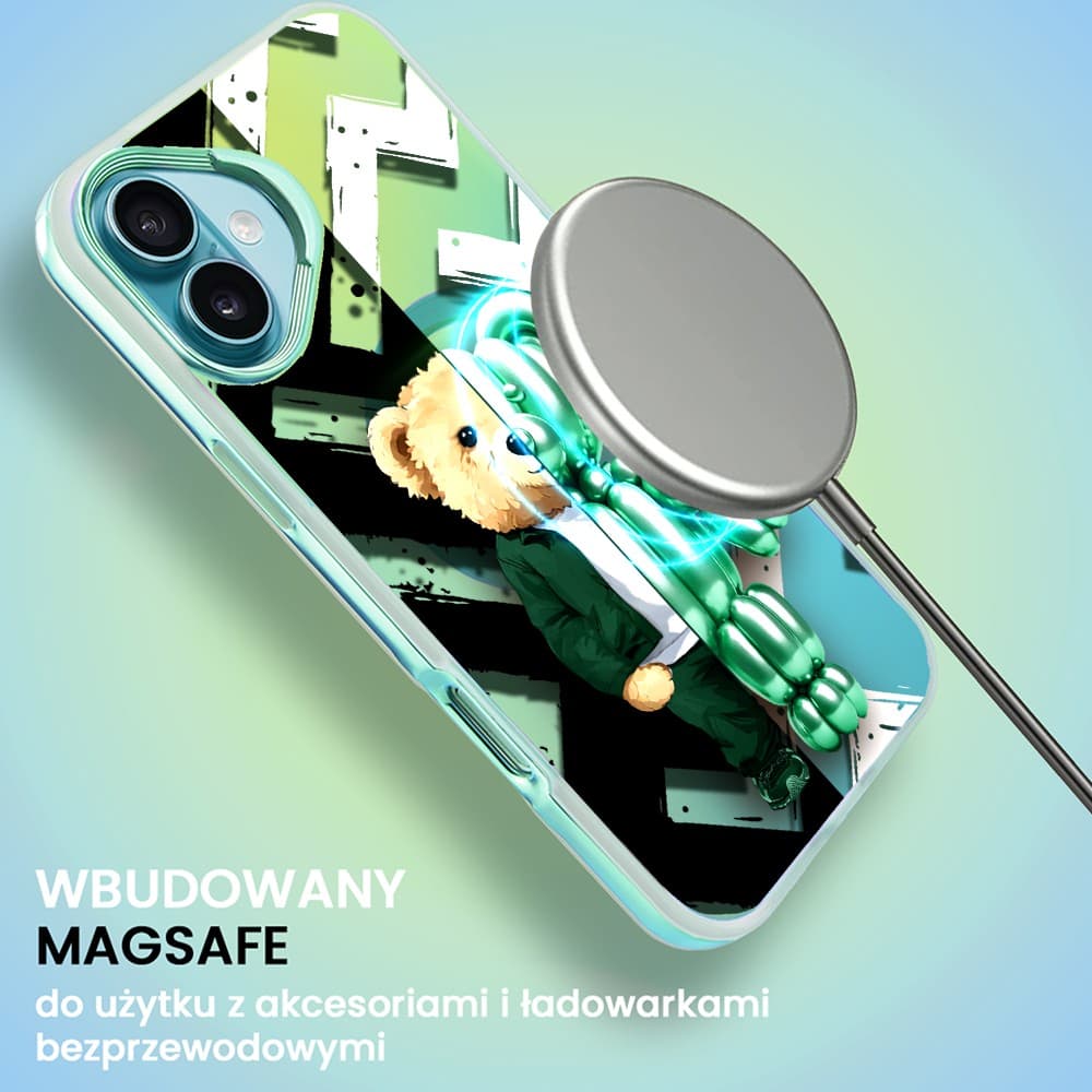 Etui do iPhone 16 MagSafe Bear With Me, DuoBear Party, miś z balonów, głęboki mieniący się kolor, jasny niebieski