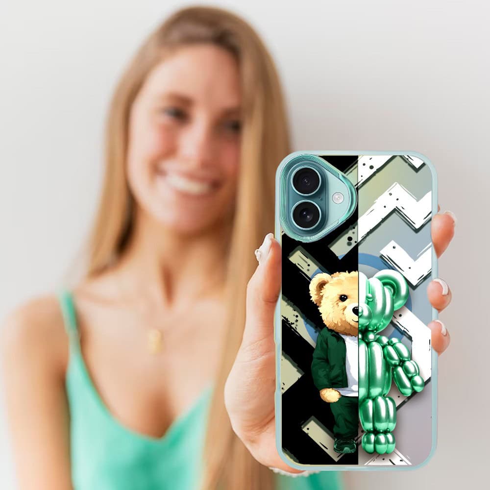 Etui do iPhone 16 MagSafe Bear With Me, DuoBear Party, miś z balonów, głęboki mieniący się kolor, jasny niebieski