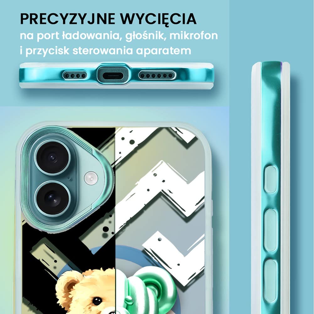 Etui do iPhone 16 MagSafe Bear With Me, DuoBear Party, miś z balonów, głęboki mieniący się kolor, jasny niebieski