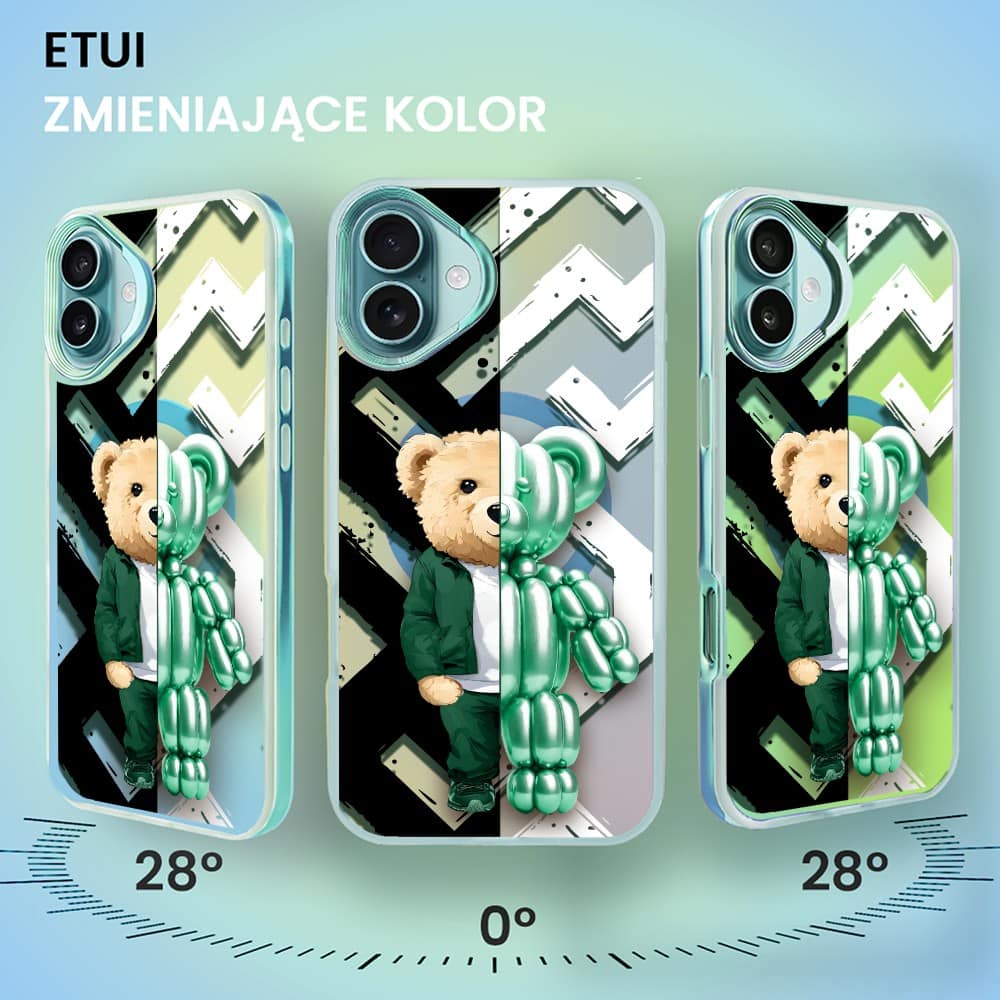 Etui do iPhone 16 MagSafe Bear With Me, DuoBear Party, miś z balonów, głęboki mieniący się kolor, jasny niebieski
