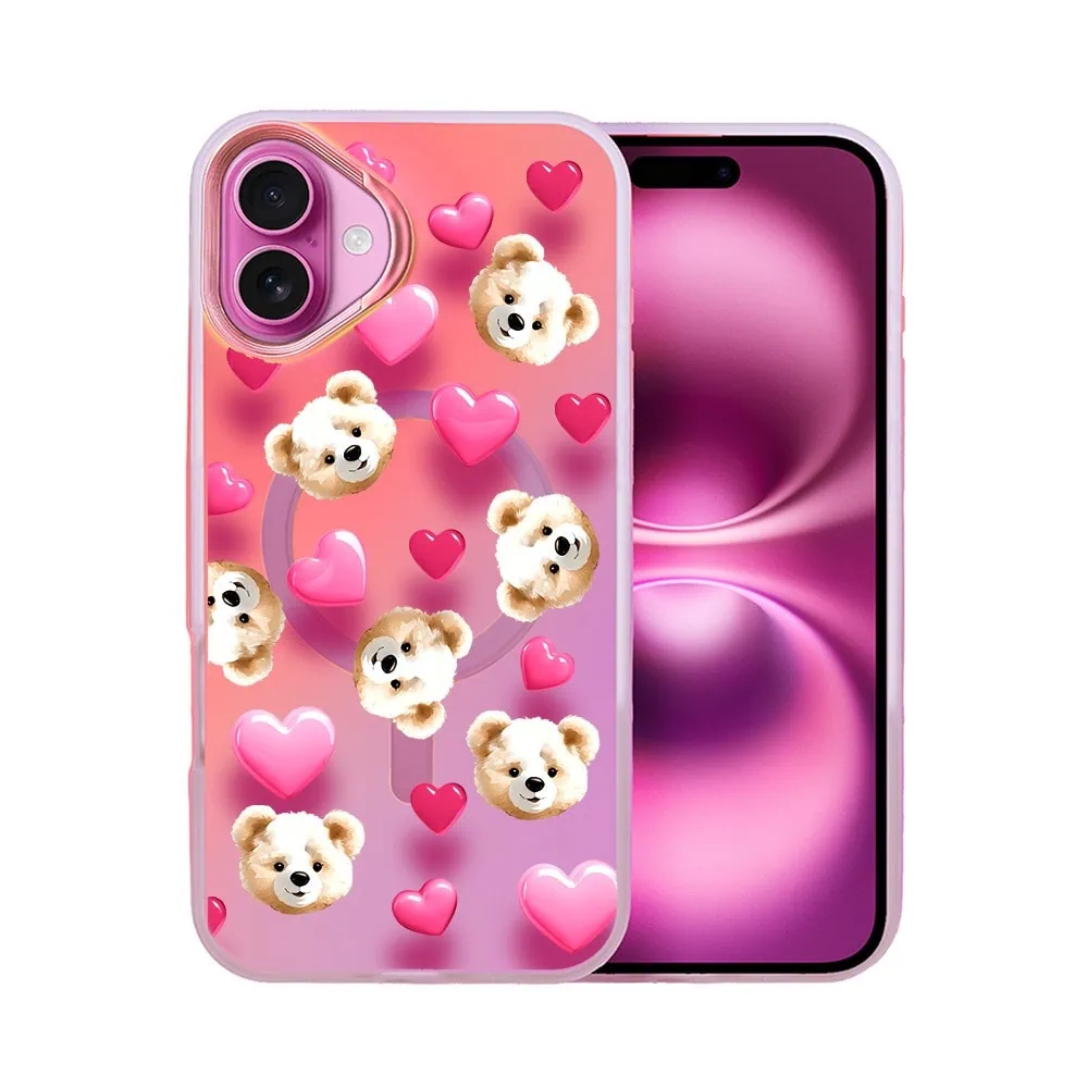 Etui do iPhone 16 Plus MagSafe Bear With Me, Love Mood, miś i serduszka, głęboki mieniący się kolor, różowe ombre