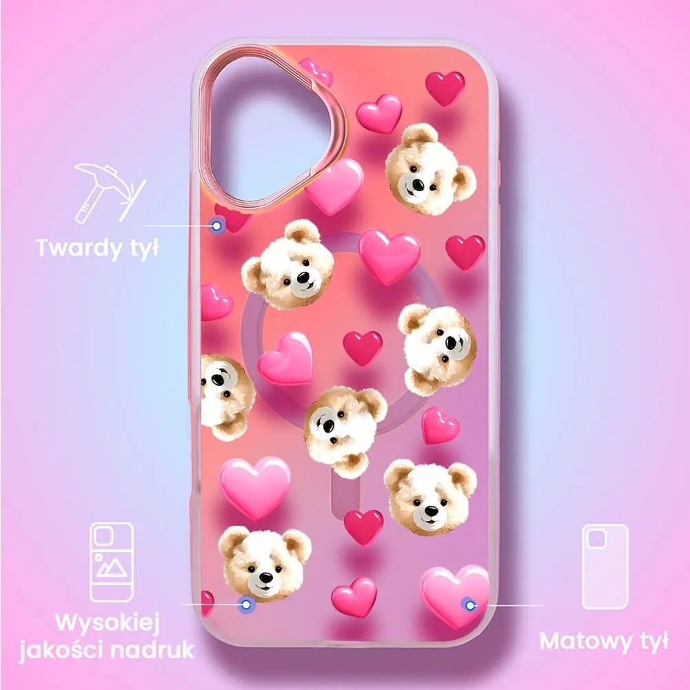 Etui do iPhone 16 Plus MagSafe Bear With Me, Love Mood, miś i serduszka, głęboki mieniący się kolor, różowe ombre