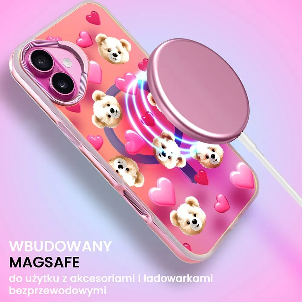 Etui do iPhone 16 Plus MagSafe Bear With Me, Love Mood, miś i serduszka, głęboki mieniący się kolor, różowe ombre