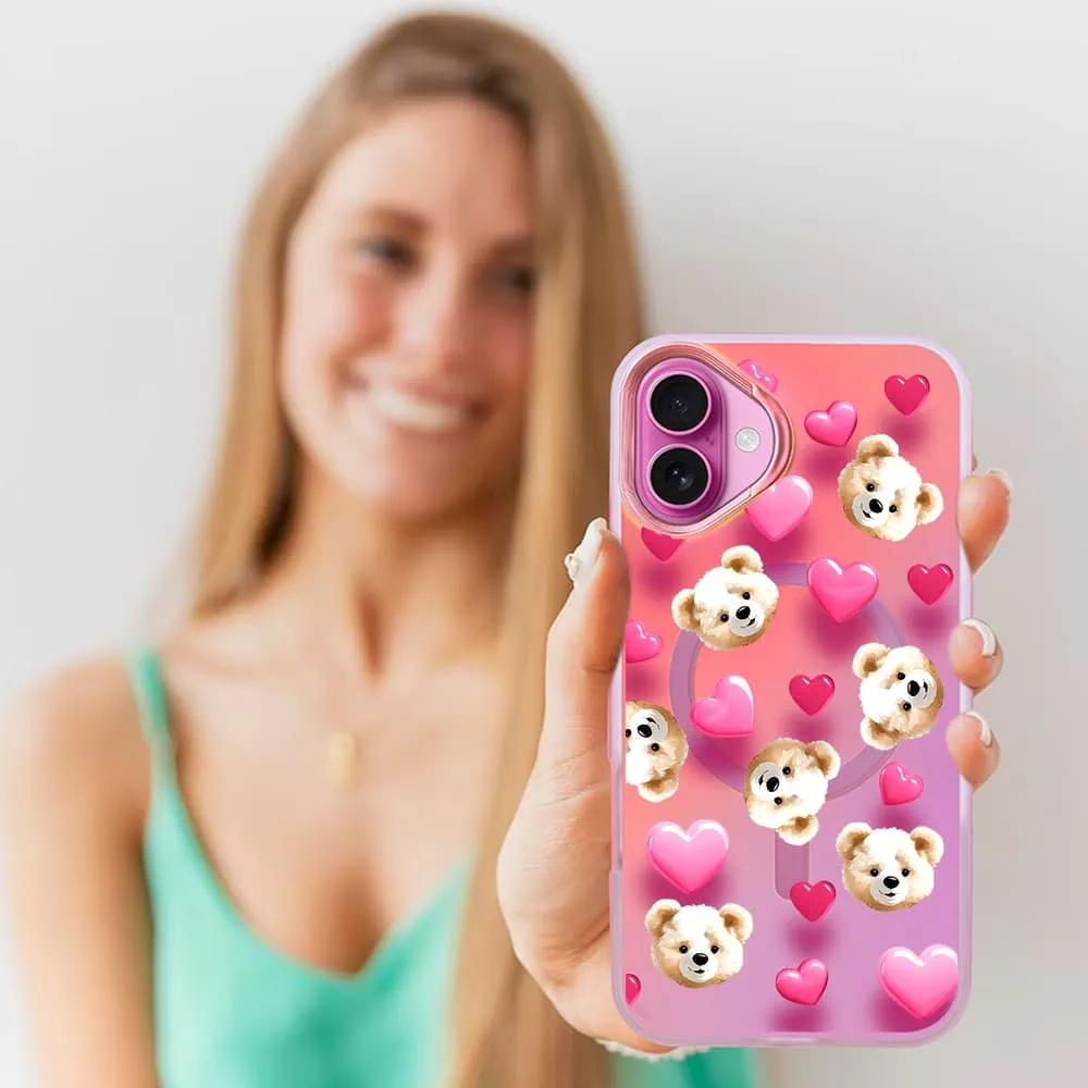 Etui do iPhone 16 Plus MagSafe Bear With Me, Love Mood, miś i serduszka, głęboki mieniący się kolor, różowe ombre