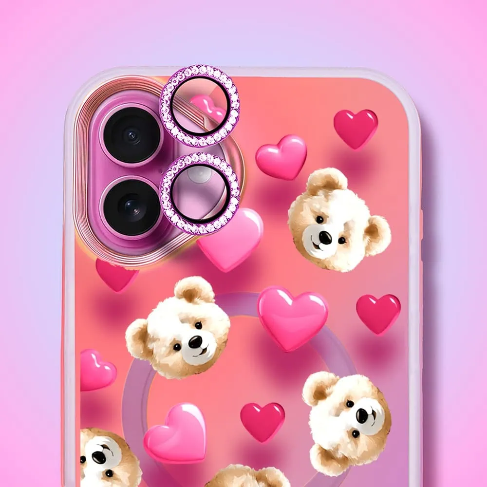 Etui do iPhone 16 Plus MagSafe Bear With Me, Love Mood, miś i serduszka, głęboki mieniący się kolor, różowe ombre