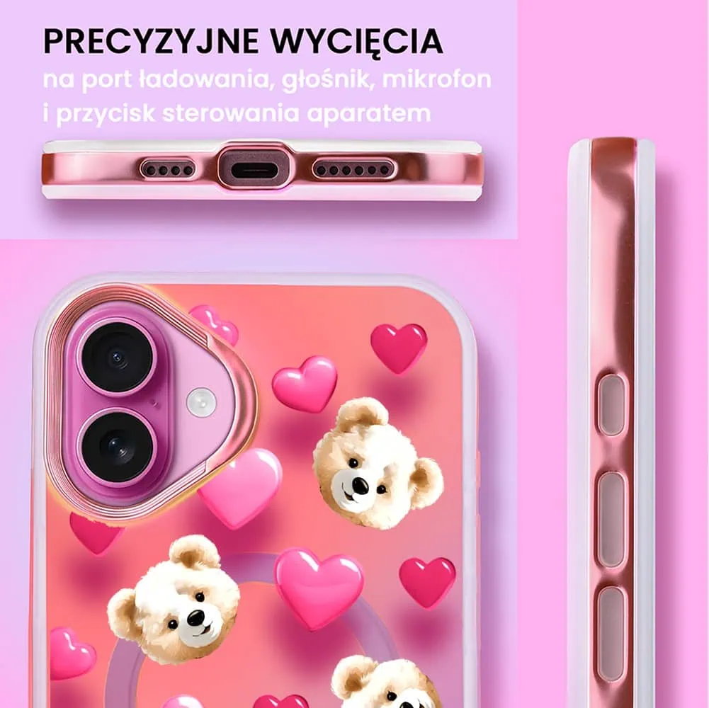 Etui do iPhone 16 Plus MagSafe Bear With Me, Love Mood, miś i serduszka, głęboki mieniący się kolor, różowe ombre