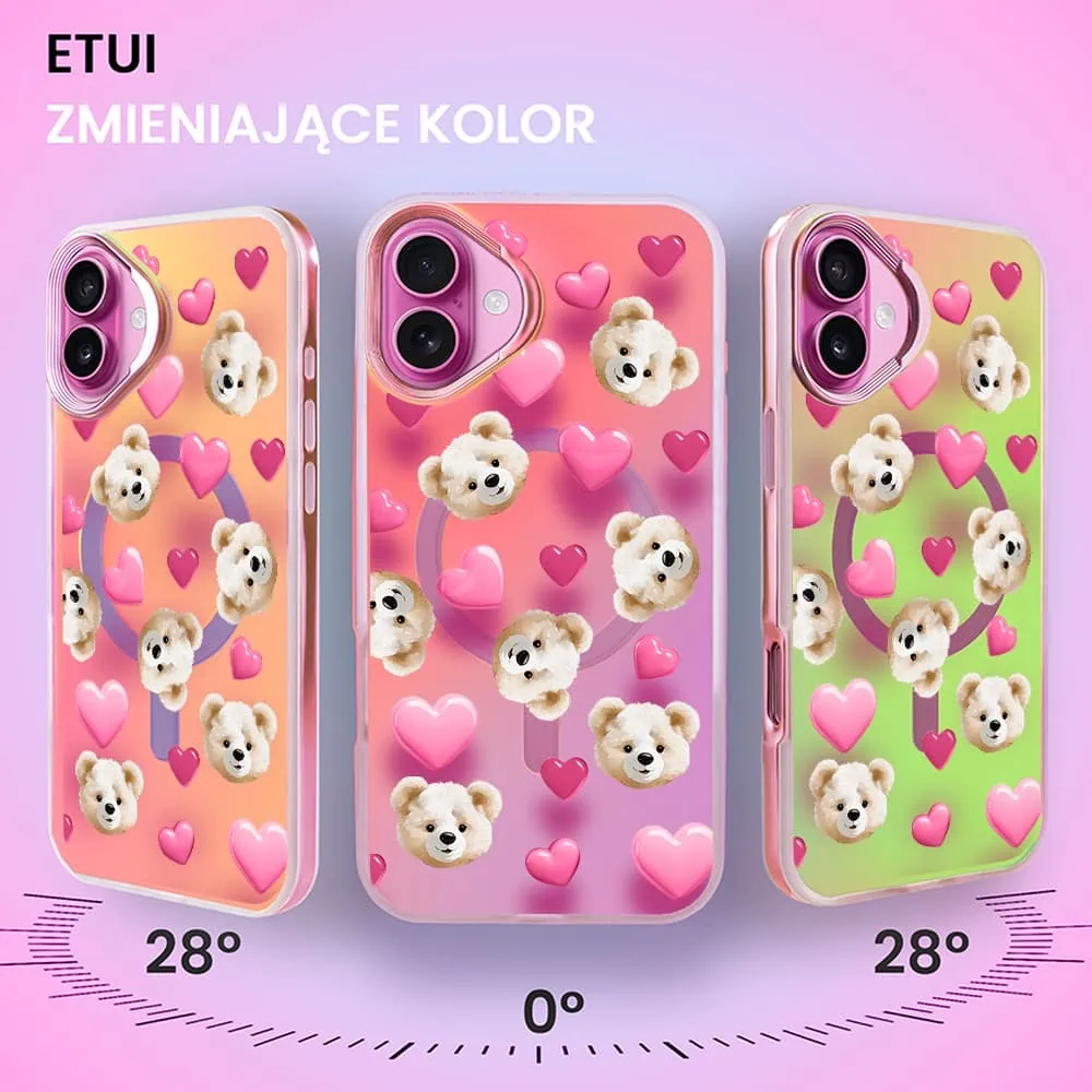 Etui do iPhone 16 Plus MagSafe Bear With Me, Love Mood, miś i serduszka, głęboki mieniący się kolor, różowe ombre