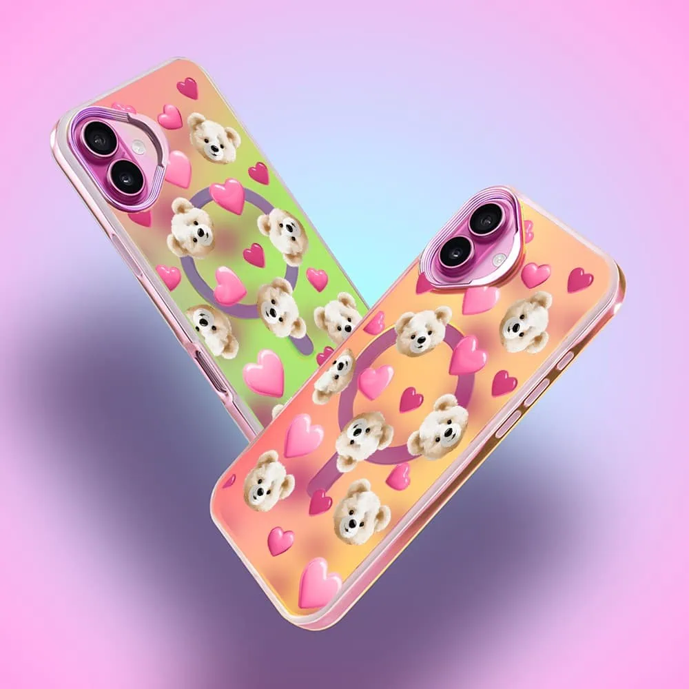 Etui do iPhone 16 Plus MagSafe Bear With Me, Love Mood, miś i serduszka, głęboki mieniący się kolor, różowe ombre