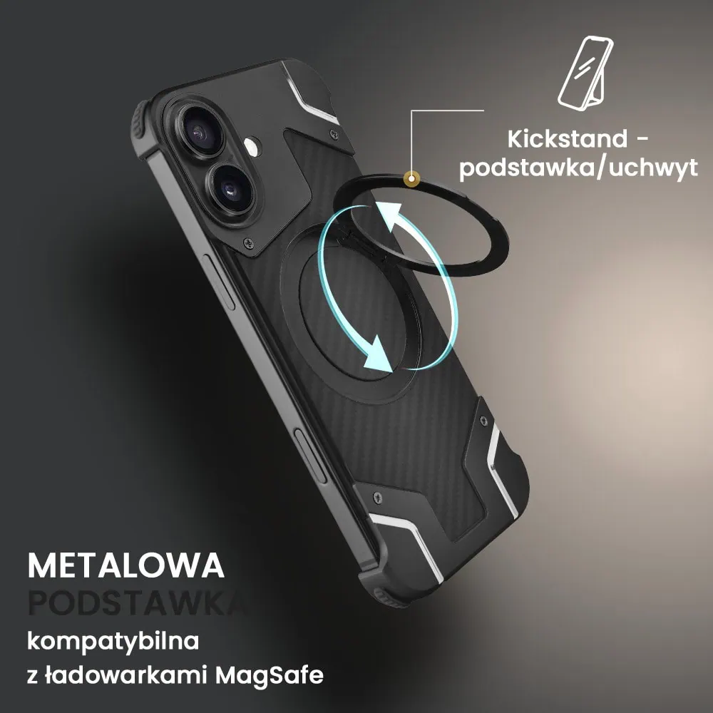 Etui do iPhone 16 MagSafe Carbon Spinal Shield, anti shock, metalowe z podstawką, czarne