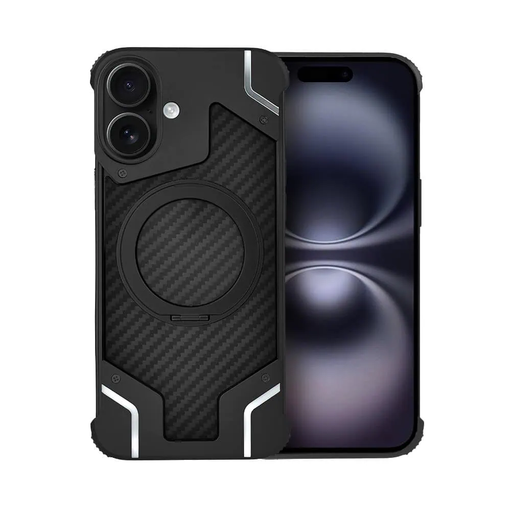 Etui do iPhone 16 MagSafe Carbon Spinal Shield, anti shock, metalowe z podstawką, czarne