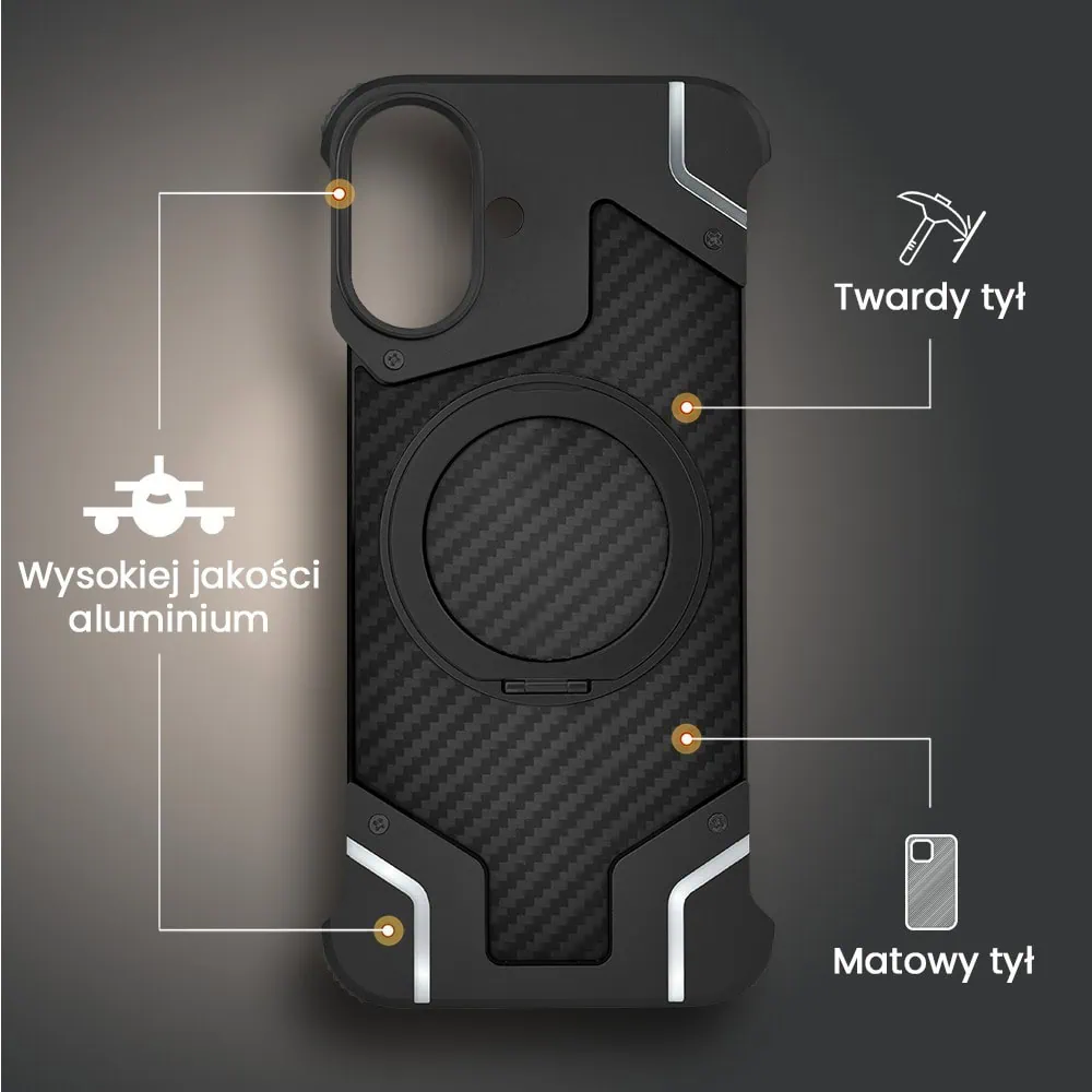 Etui do iPhone 16 MagSafe Carbon Spinal Shield, anti shock, metalowe z podstawką, czarne