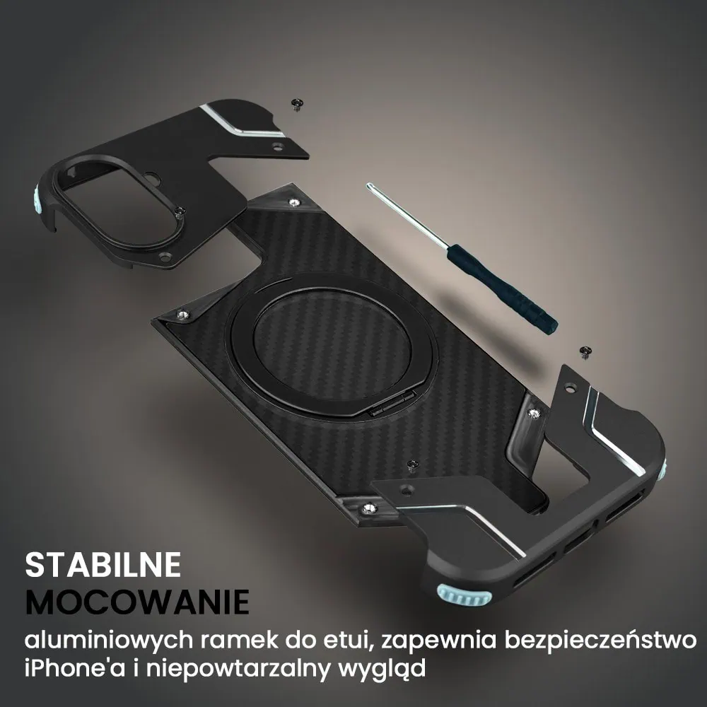 Etui do iPhone 16 MagSafe Carbon Spinal Shield, anti shock, metalowe z podstawką, czarne