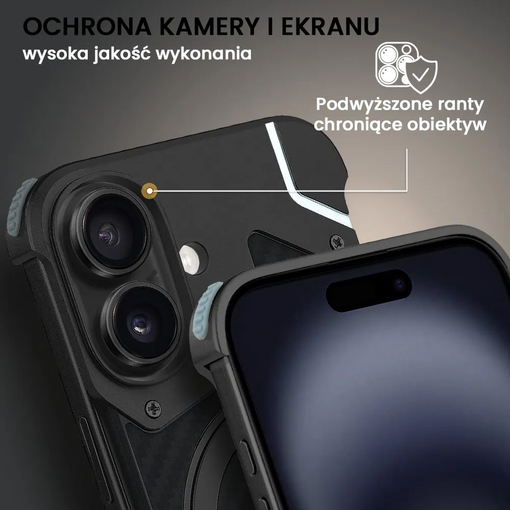 Etui do iPhone 16 MagSafe Carbon Spinal Shield, anti shock, metalowe z podstawką, czarne