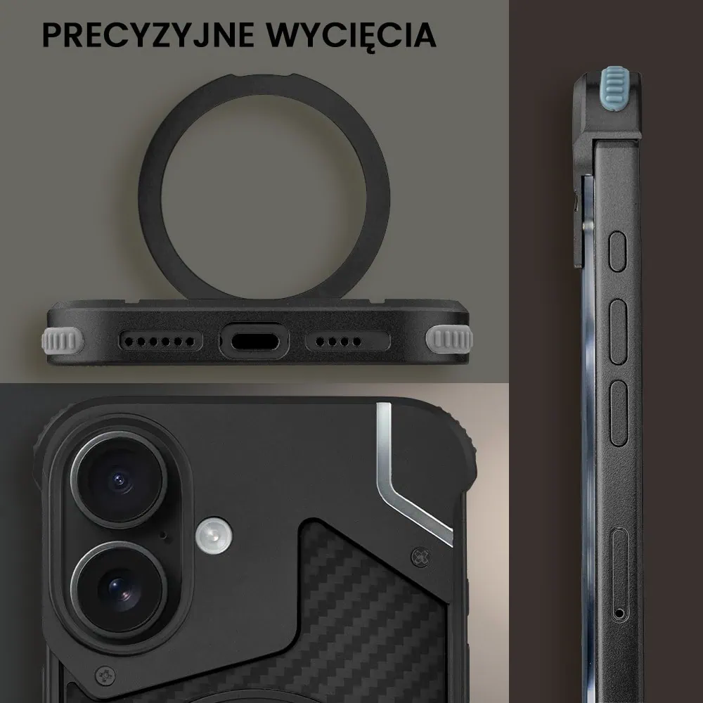 Etui do iPhone 16 MagSafe Carbon Spinal Shield, anti shock, metalowe z podstawką, czarne