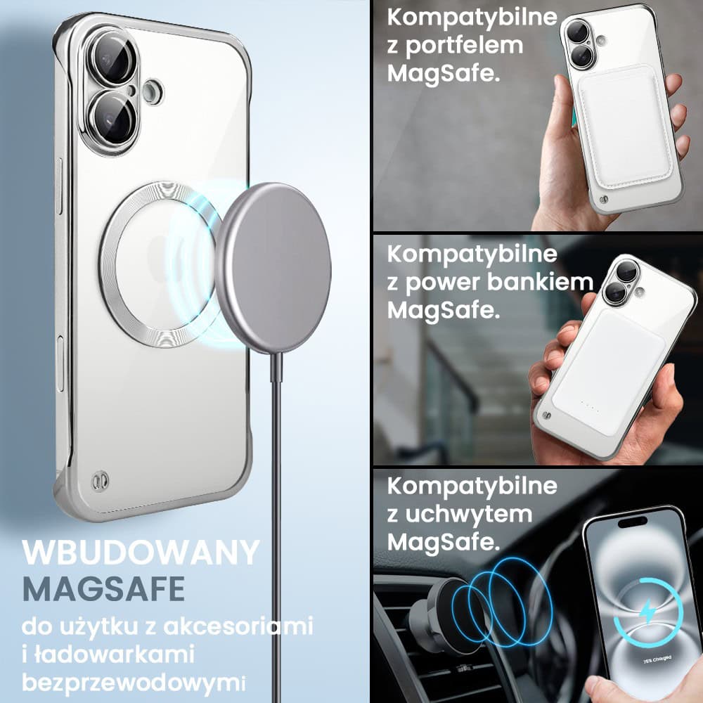 Etui do iPhone 16 MagSafe Luxury Protect Lite, hybrydowa ochrona kamery, srebrne