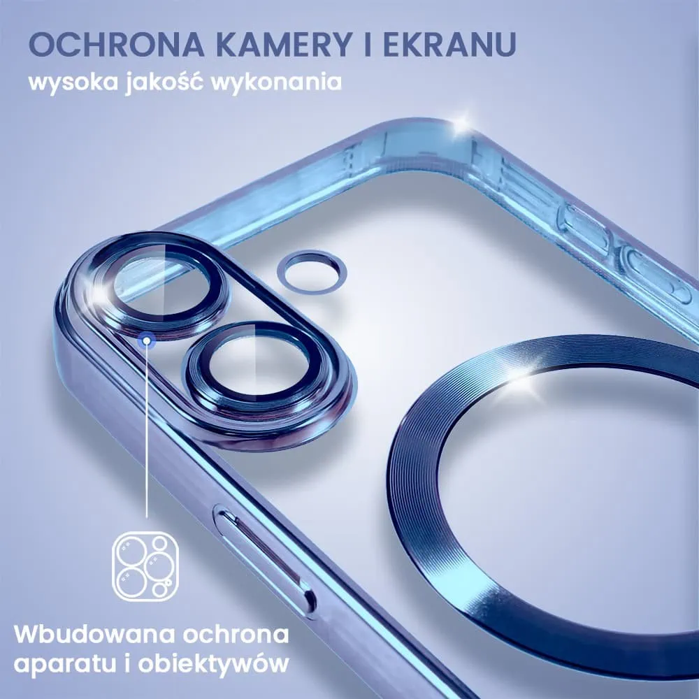Etui do iPhone 16 MagSafe Luxury Protect przeźroczyste, hybrydowa ochrona kamery, niebieskie
