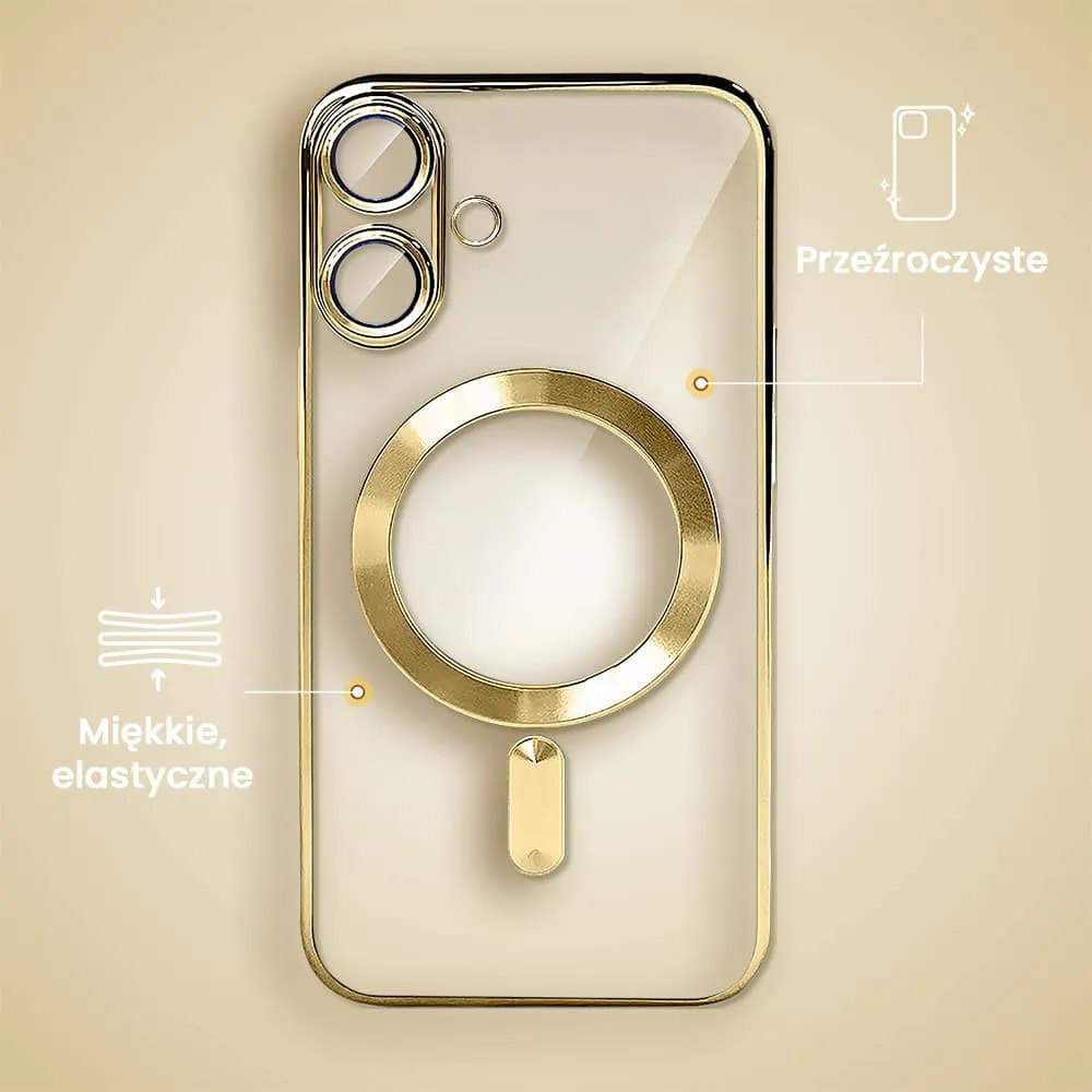 Etui do iPhone 16 MagSafe Luxury Protect przeźroczyste, hybrydowa ochrona kamery, złote