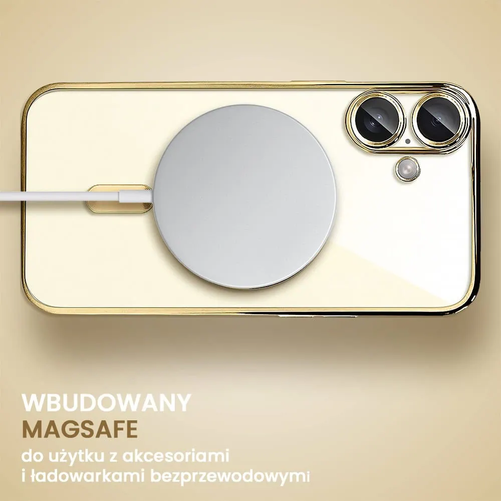 Etui do iPhone 16 MagSafe Luxury Protect przeźroczyste, hybrydowa ochrona kamery, złote