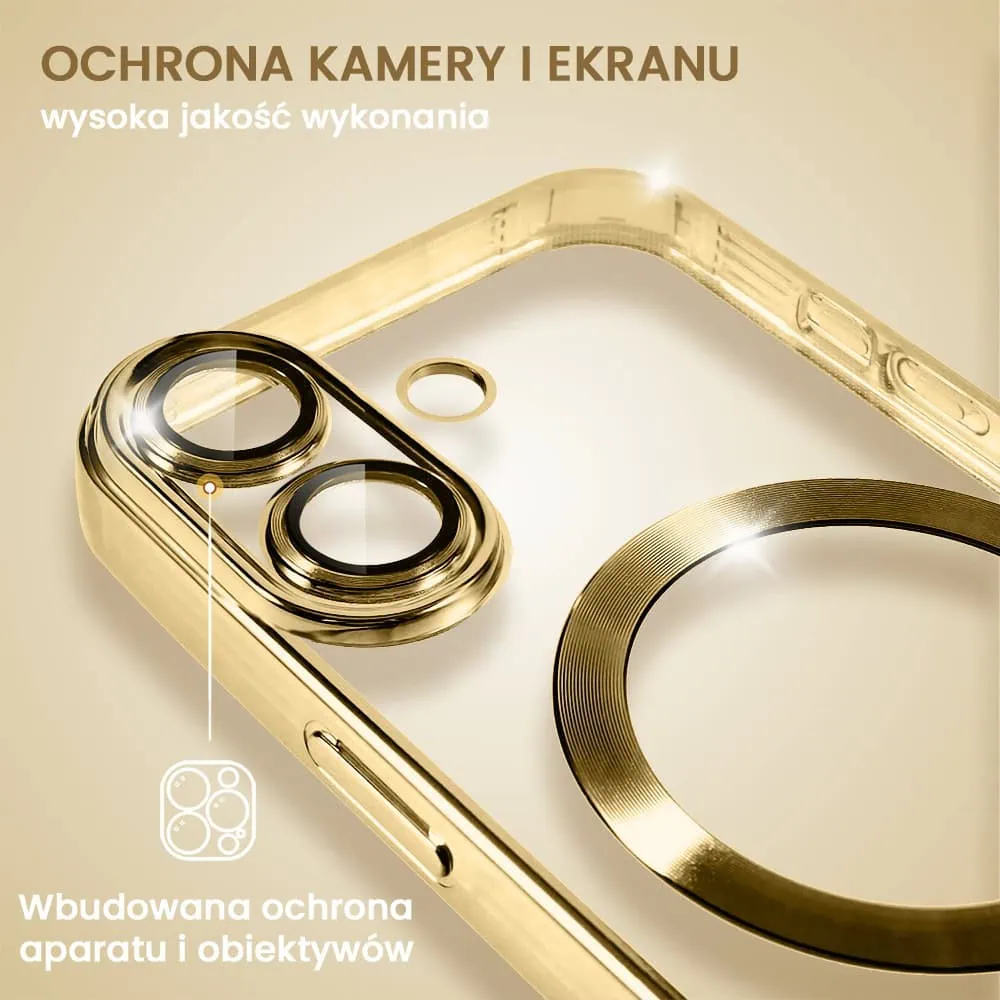 Etui do iPhone 16 MagSafe Luxury Protect przeźroczyste, hybrydowa ochrona kamery, złote