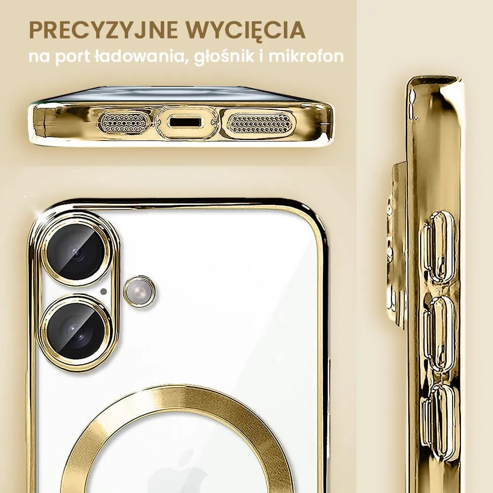 Etui do iPhone 16 MagSafe Luxury Protect przeźroczyste, hybrydowa ochrona kamery, złote