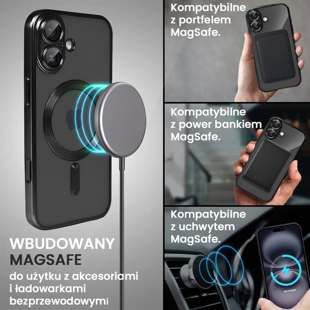 Etui do iPhone 16 MagSafe Luxury Protect przeźroczyste, z osłoną aparatu, Titanium Finish, czarny tytan