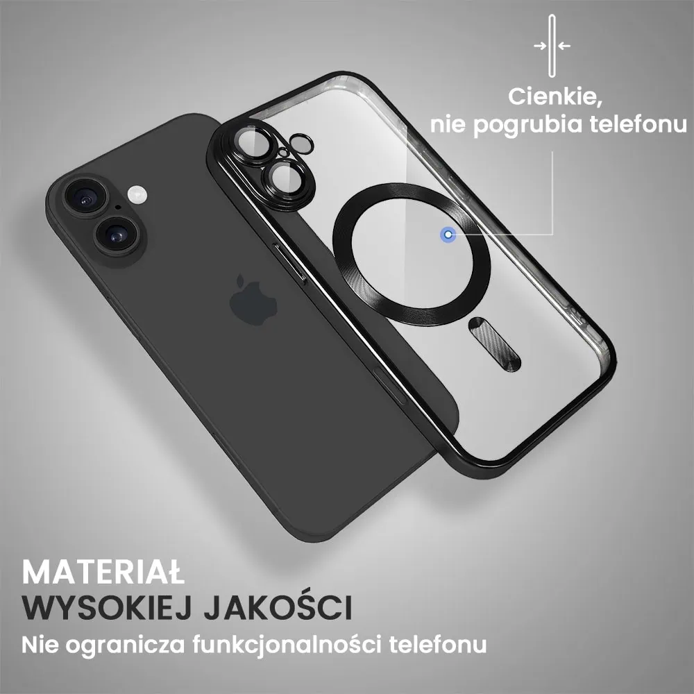 Etui do iPhone 16 MagSafe Luxury Protect przeźroczyste, z osłoną aparatu, Titanium Finish, czarny tytan