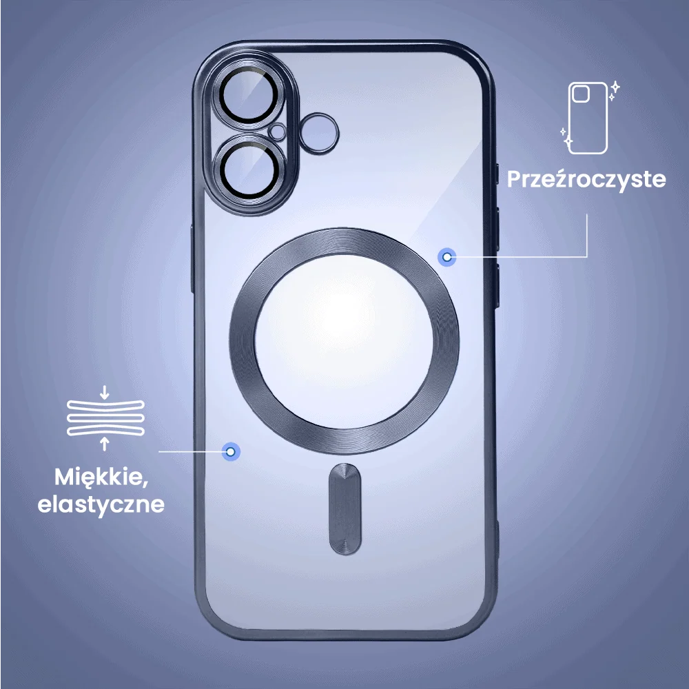 Etui do iPhone 16 MagSafe Luxury Protect przeźroczyste, z osłoną aparatu, Titanium Finish, granatowe