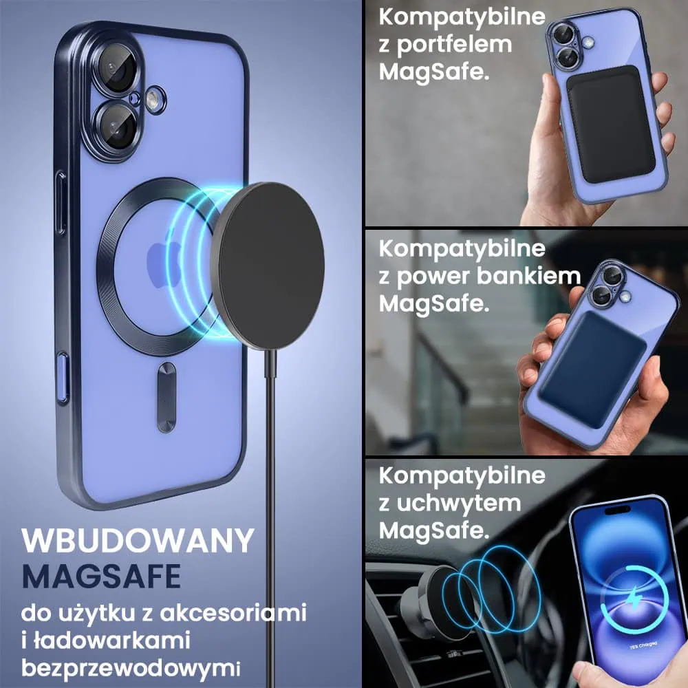 Etui do iPhone 16 MagSafe Luxury Protect przeźroczyste, z osłoną aparatu, Titanium Finish, granatowe