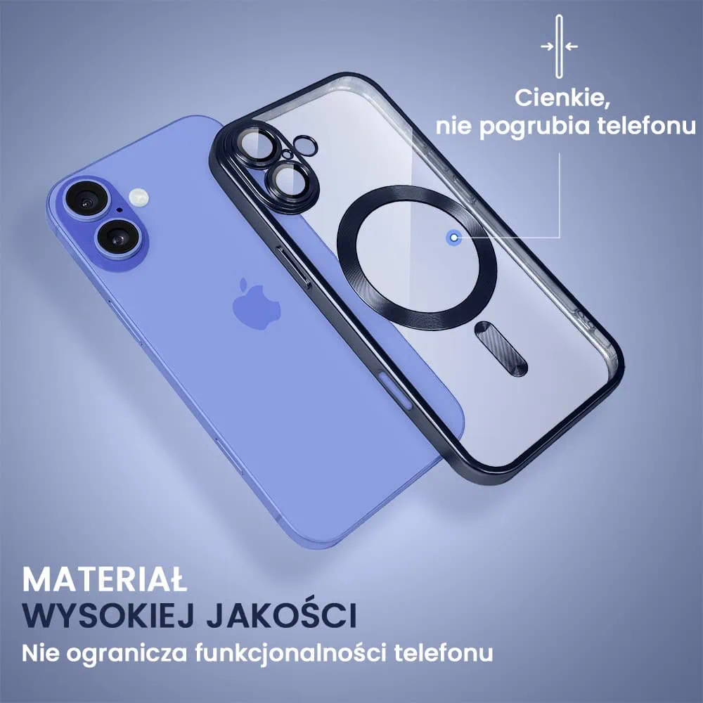 Etui do iPhone 16 MagSafe Luxury Protect przeźroczyste, z osłoną aparatu, Titanium Finish, granatowe