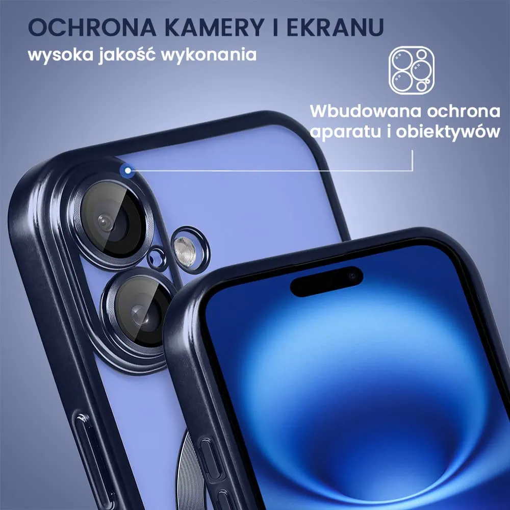 Etui do iPhone 16 MagSafe Luxury Protect przeźroczyste, z osłoną aparatu, Titanium Finish, granatowe