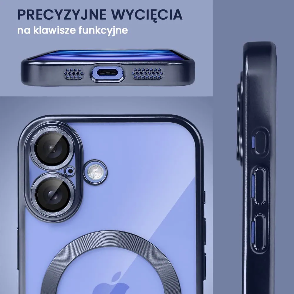 Etui do iPhone 16 MagSafe Luxury Protect przeźroczyste, z osłoną aparatu, Titanium Finish, granatowe
