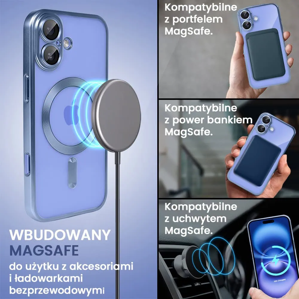 Etui do iPhone 16 Plus MagSafe Luxury Protect przeźroczyste, z osłoną aparatu, Titanium Finish, niebieskie