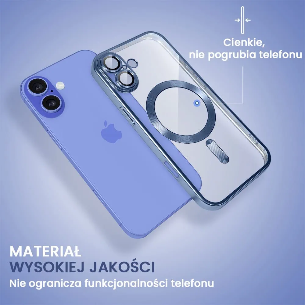 Etui do iPhone 16 Plus MagSafe Luxury Protect przeźroczyste, z osłoną aparatu, Titanium Finish, niebieskie