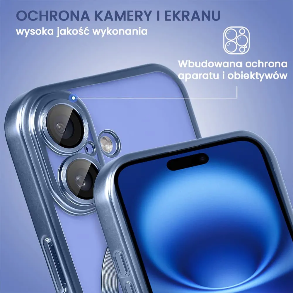 Etui do iPhone 16 Plus MagSafe Luxury Protect przeźroczyste, z osłoną aparatu, Titanium Finish, niebieskie