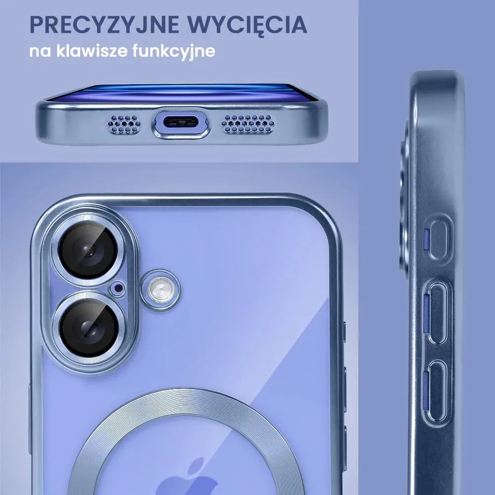 Etui do iPhone 16 Plus MagSafe Luxury Protect przeźroczyste, z osłoną aparatu, Titanium Finish, niebieskie