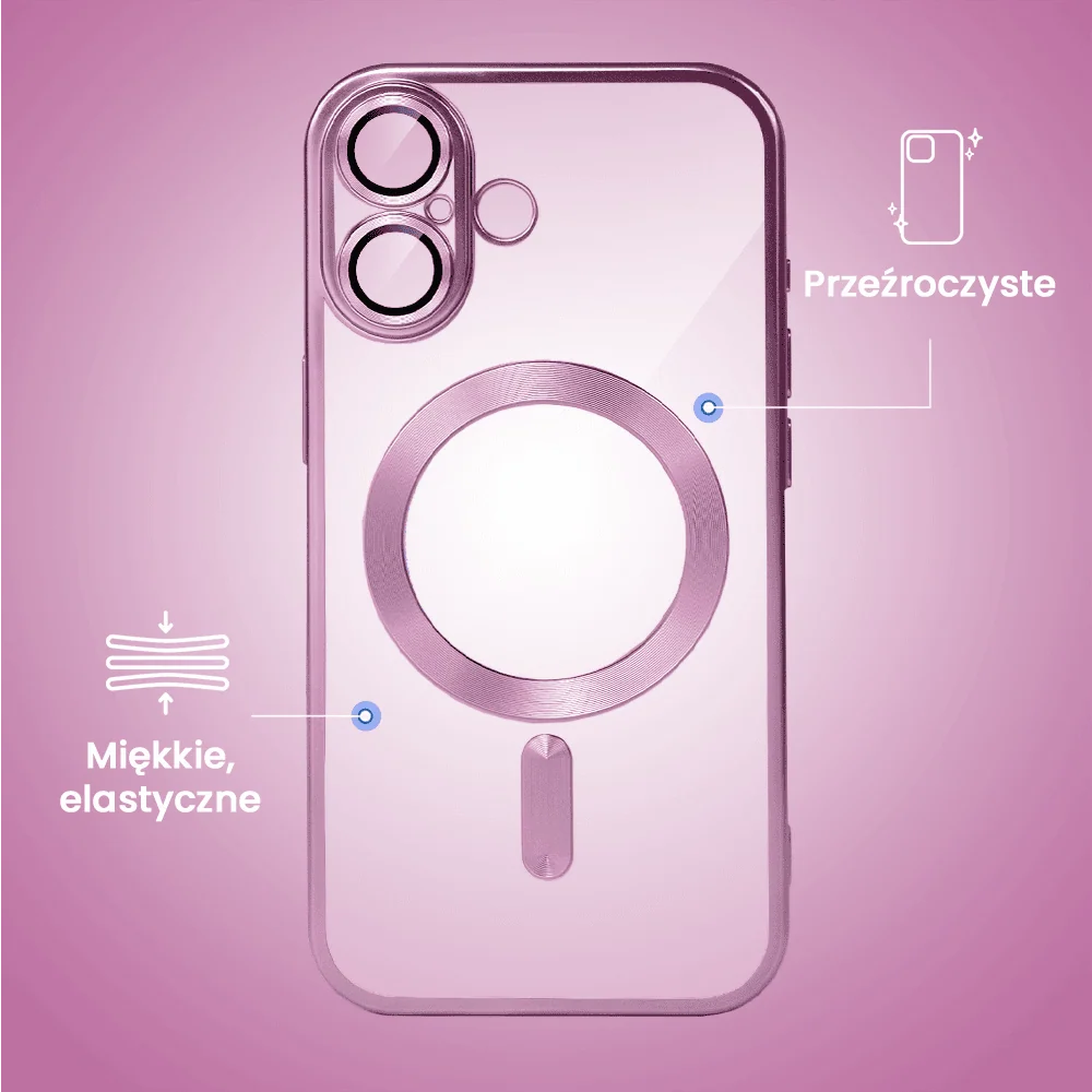 Etui do iPhone 16 Plus MagSafe Luxury Protect przeźroczyste, z osłoną aparatu, Titanium Finish, różowe