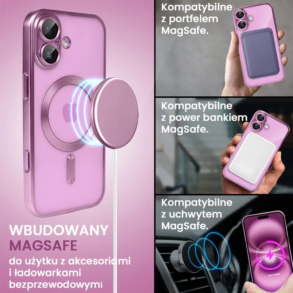 Etui do iPhone 16 Plus MagSafe Luxury Protect przeźroczyste, z osłoną aparatu, Titanium Finish, różowe