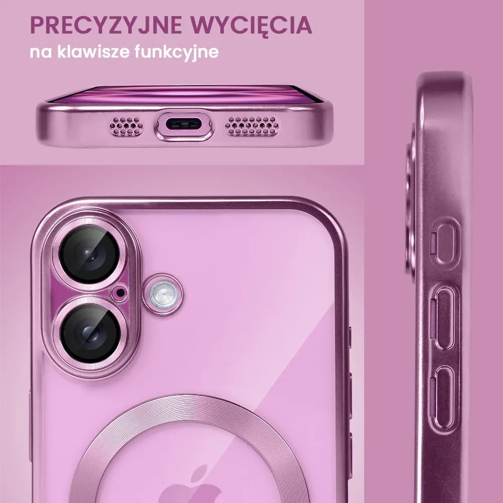 Etui do iPhone 16 Plus MagSafe Luxury Protect przeźroczyste, z osłoną aparatu, Titanium Finish, różowe