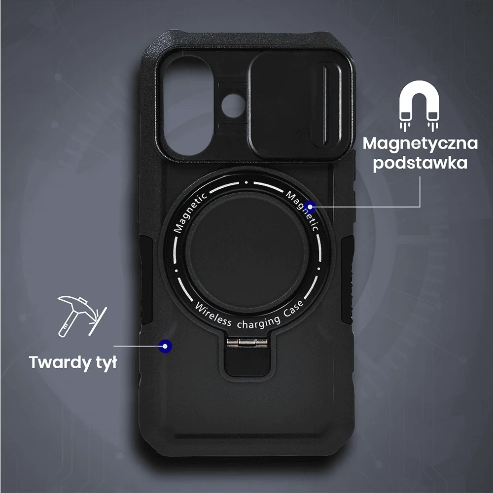 Etui do iPhone 16 Plus MagSafe Slide Camera Stand pancerne, osłona kamery z podstawką, czarne