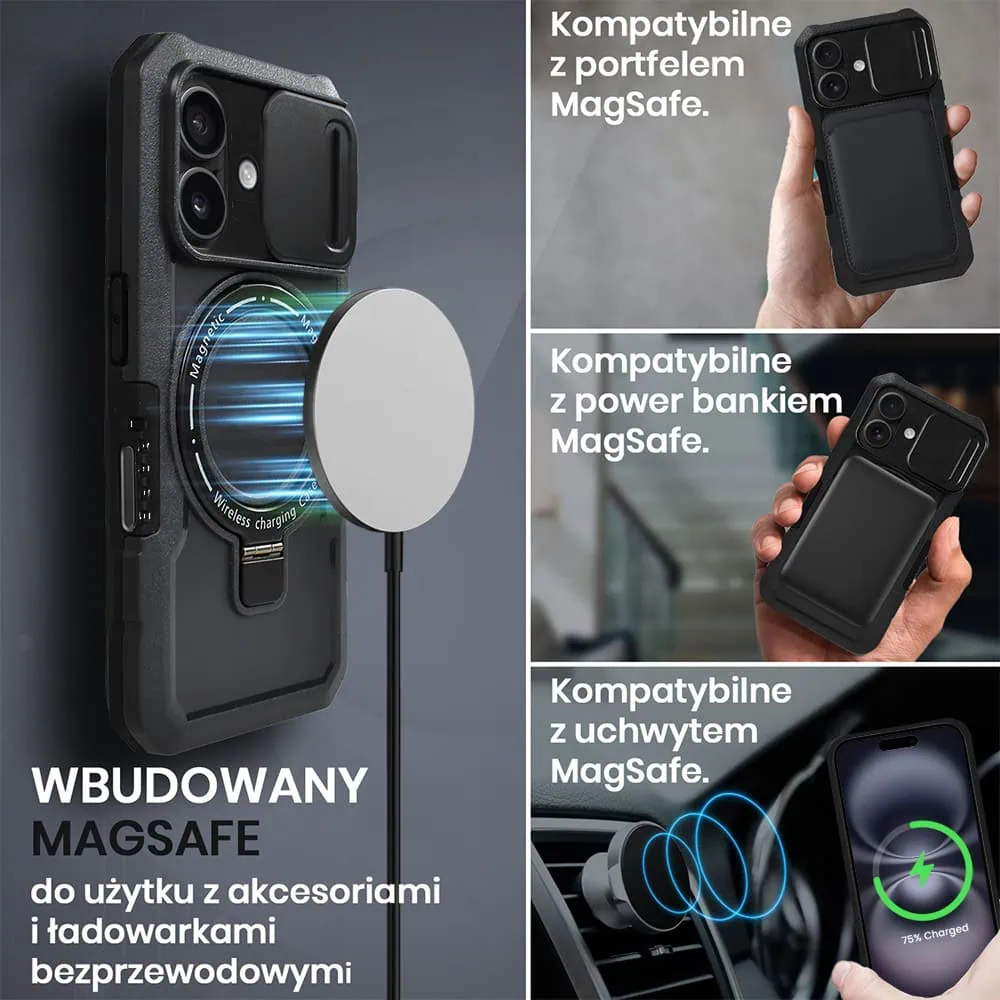 Etui do iPhone 16 Plus MagSafe Slide Camera Stand pancerne, osłona kamery z podstawką, czarne
