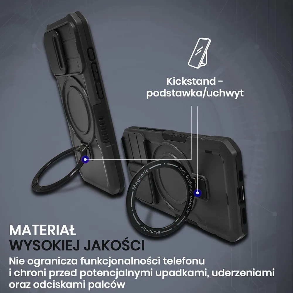 Etui do iPhone 16 Plus MagSafe Slide Camera Stand pancerne, osłona kamery z podstawką, czarne