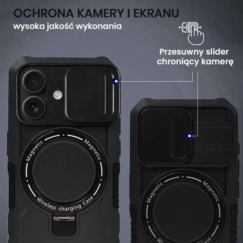 Etui do iPhone 16 Plus MagSafe Slide Camera Stand pancerne, osłona kamery z podstawką, czarne
