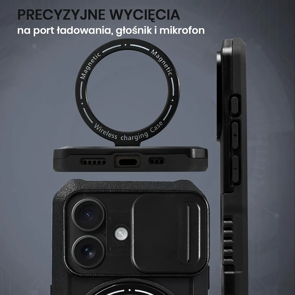 Etui do iPhone 16 Plus MagSafe Slide Camera Stand pancerne, osłona kamery z podstawką, czarne