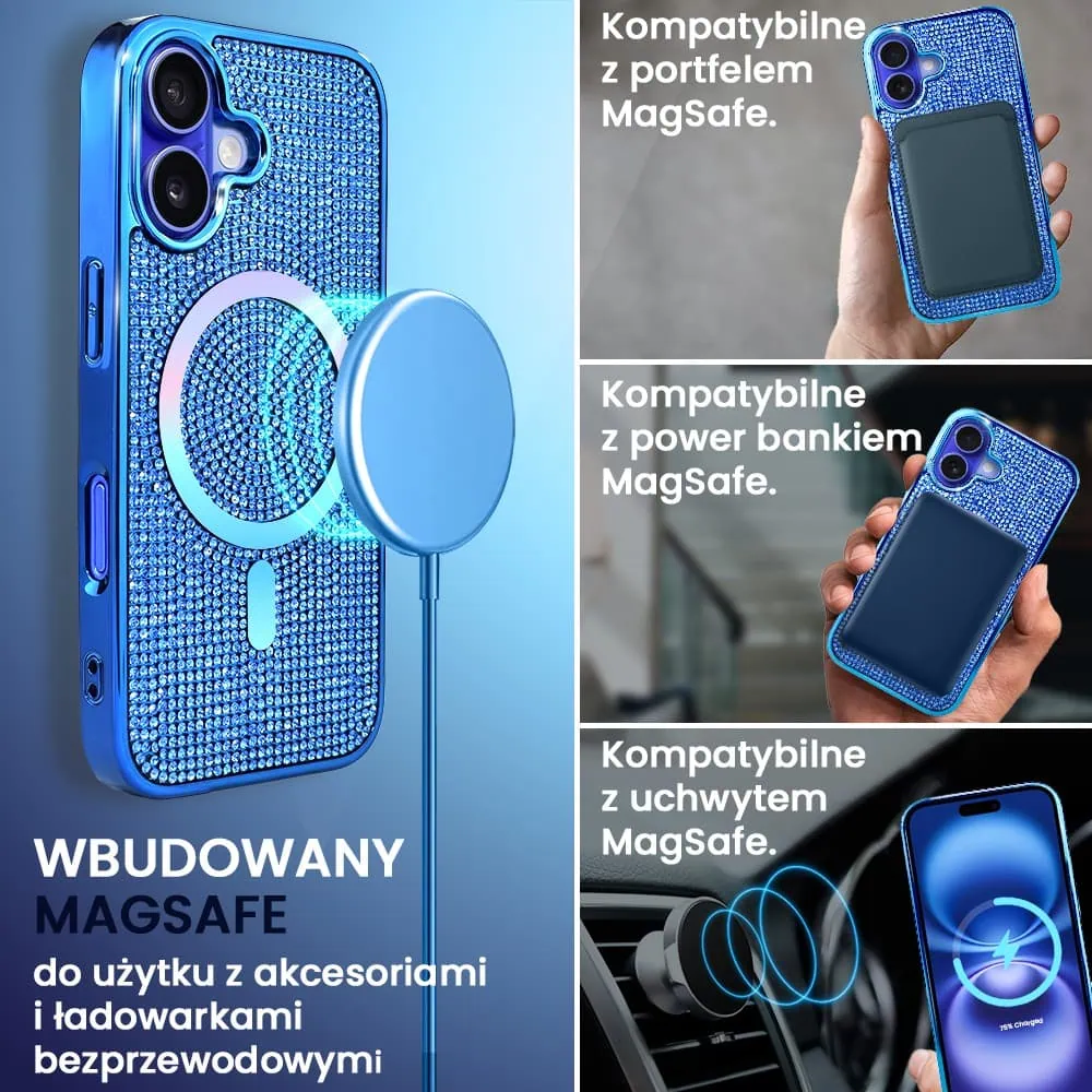 Etui do iPhone 16 Magsafe Tresury Case, diamentowe, z błyszczącą ramką, niebieskie
