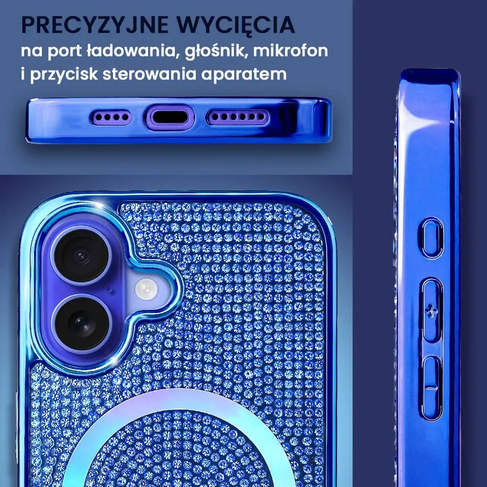 Etui do iPhone 16 Magsafe Tresury Case, diamentowe, z błyszczącą ramką, niebieskie