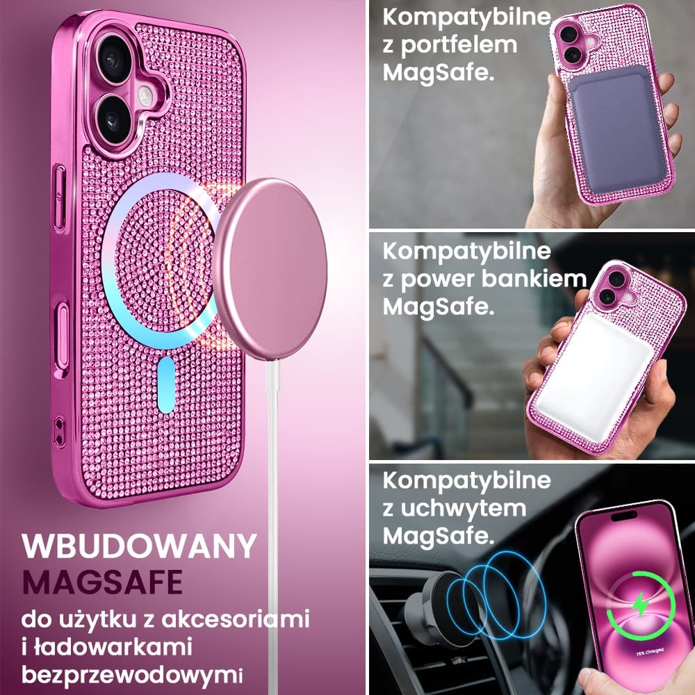Etui do iPhone 16 Magsafe Tresury Case, diamentowe, z błyszczącą ramką, różowe