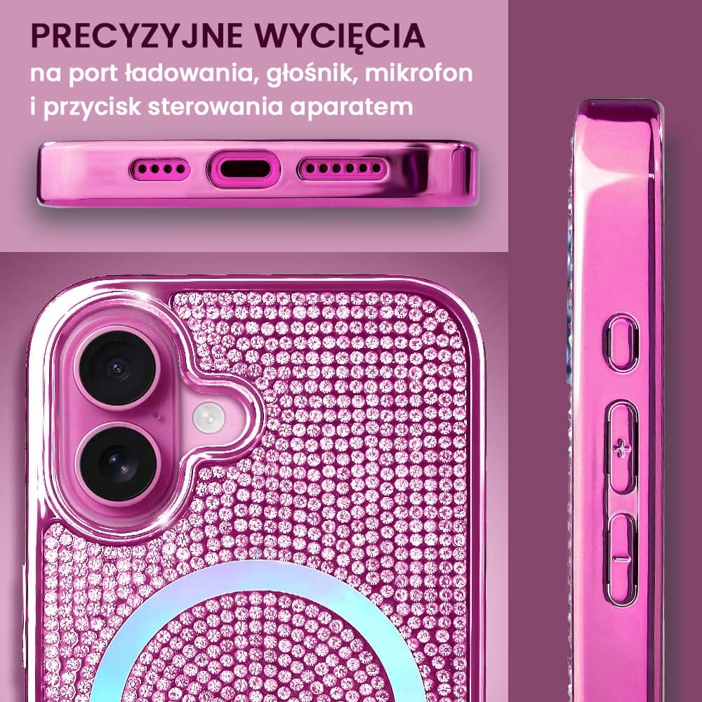 Etui do iPhone 16 Magsafe Tresury Case, diamentowe, z błyszczącą ramką, różowe