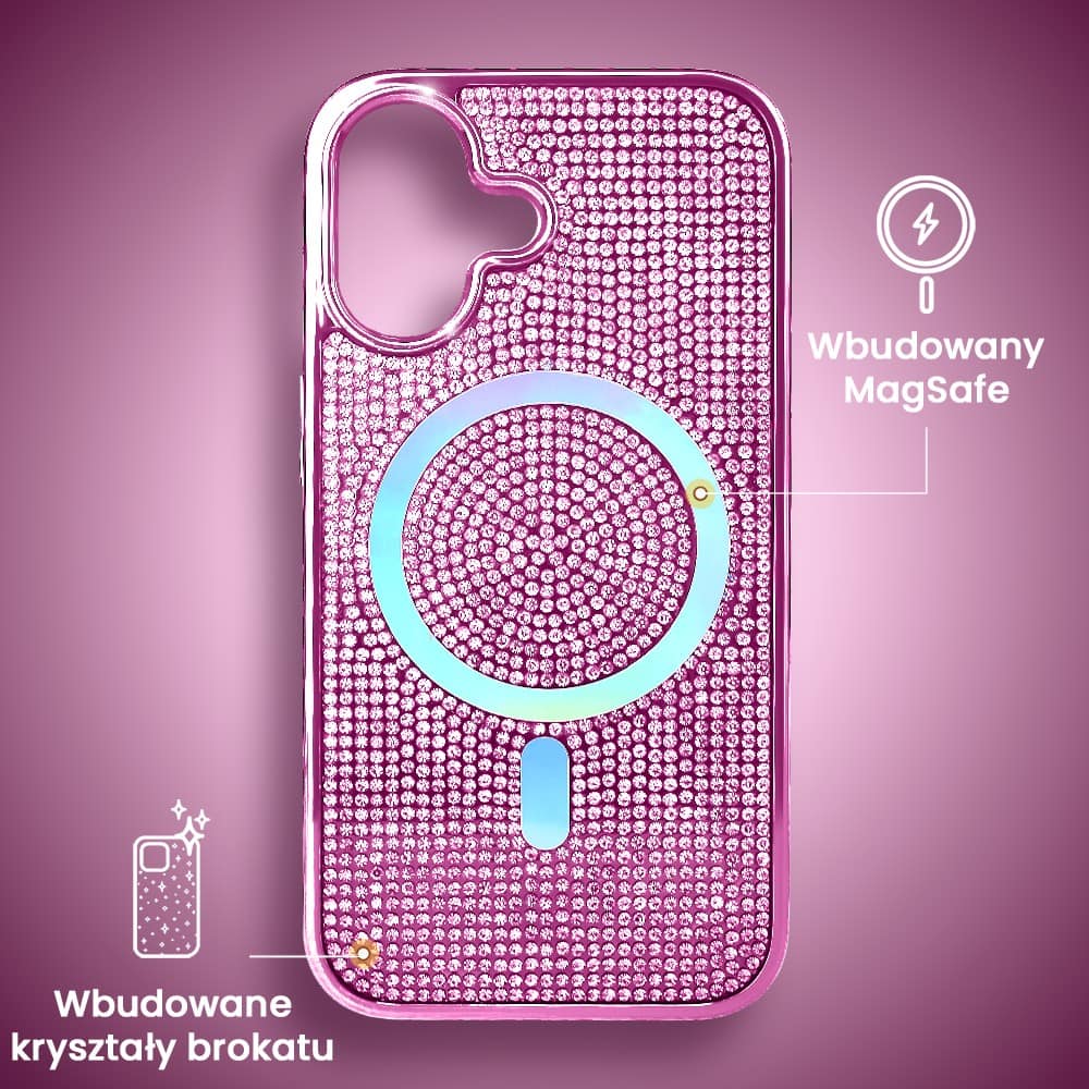 Etui do iPhone 16 Magsafe Tresury Case, diamentowe, z błyszczącą ramką, różowe