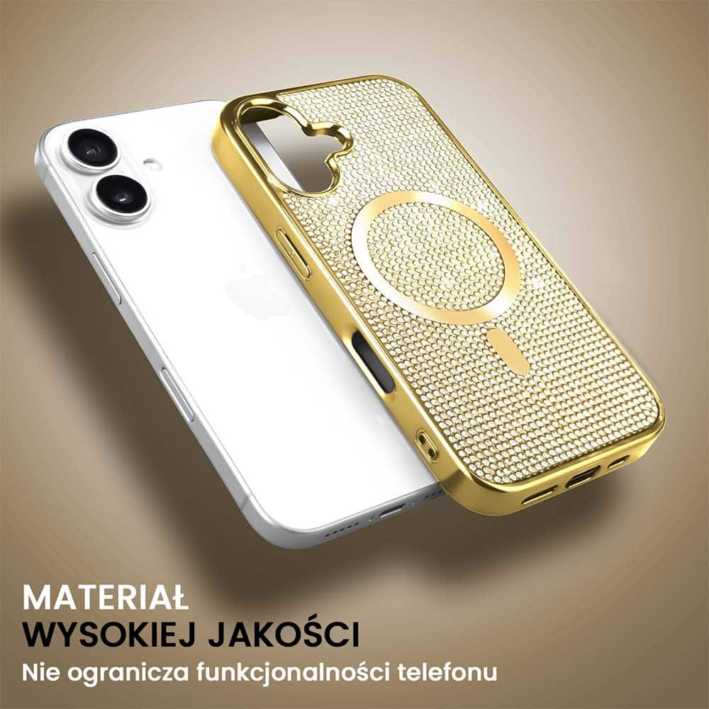 Etui do iPhone 16 Magsafe Tresury Case, diamentowe, z błyszczącą ramką, złote